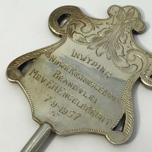 Vintage Silver Commemorative Key issued to Mev. FH Engelbrecht for hostel opening in Brandvlei