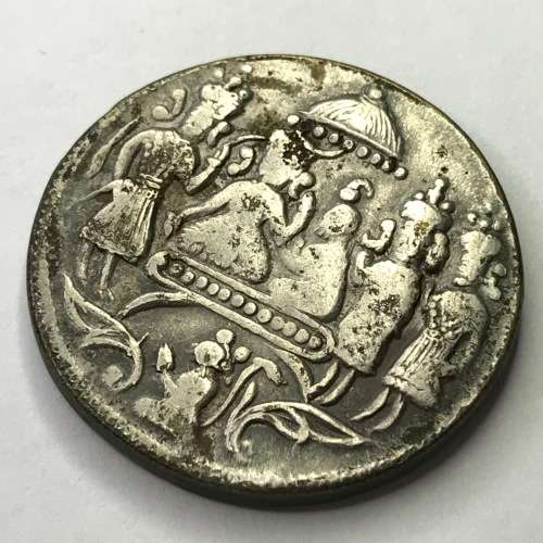 Indian Temple token ( Ramatanka ) obverse - Rama with trident beside Laksmana with bow