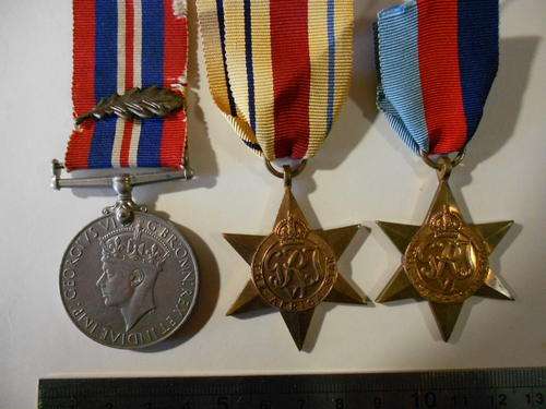 Lot of 3 Unnamed WWII Medals, Africa Star,1939-45 Star and War medal with mentioned in despatch leaf