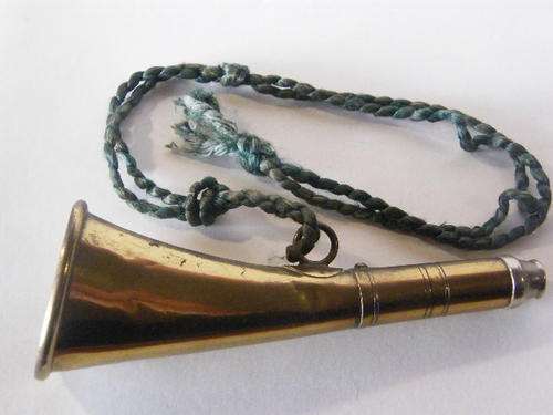 Pocket size brass hunting horn from late 1800's with dog whistle and arrow makers mark
