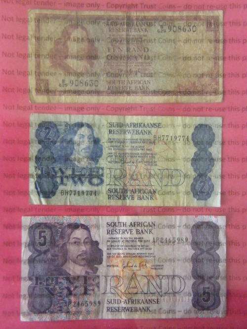 Old South Africa R1, R2 and R5 banknotes