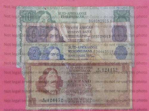 Old South Africa R1, R2, R5 and R10 banknotes - as per photo