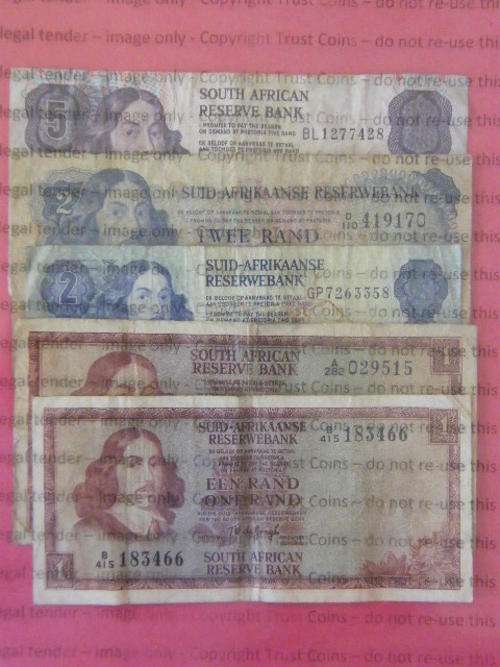 Lot of 5 different old RSA banknotes - as per photo