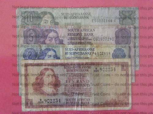 Lot of 4 old RSA banknotes, R1, R2, R5 and R10 - as per photo