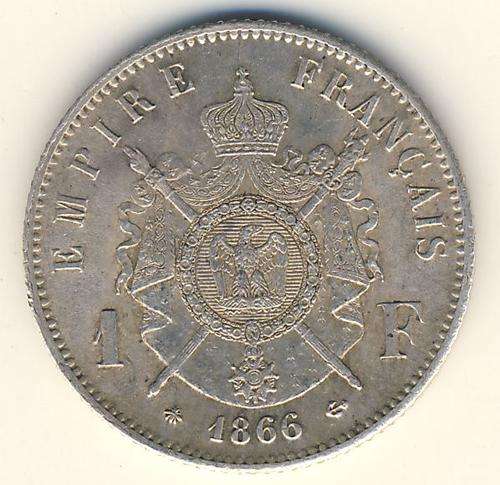France 1866 A Silver 1 Franc in excellent condition