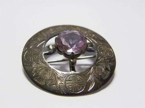 Hallmarked Silver Cairngorm brooch with pink stone as per photo