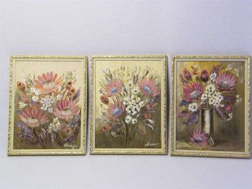 Lot of 3 Original Paintings with Proteas by S Hanafey,  Excellent work,Sold as a set, as per photo