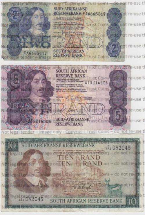 Lot of 3 Old SA Banknotes - R2, R5 & R10 - as per scan