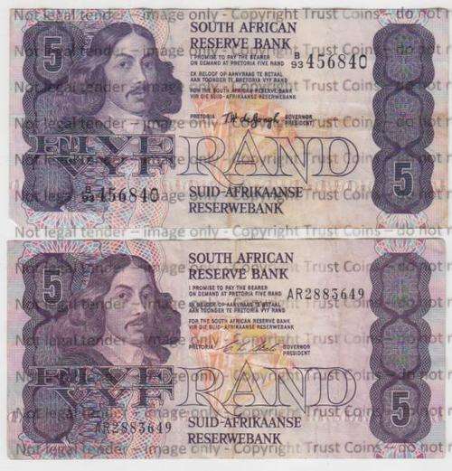 Pair of Old SA R5 Notes - De Jongh & Stals - as per photo