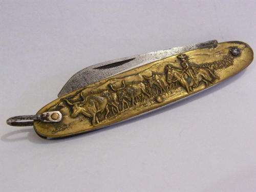 Richards Vintage Brass Western Scene Pocket Knife with Cowboy & Cattle, as per photo