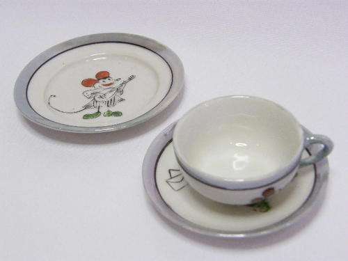 Antique Miniature Mickey Mouse Trio, Cup & Saucer & Sideplate with 3 different pictures,as per photo