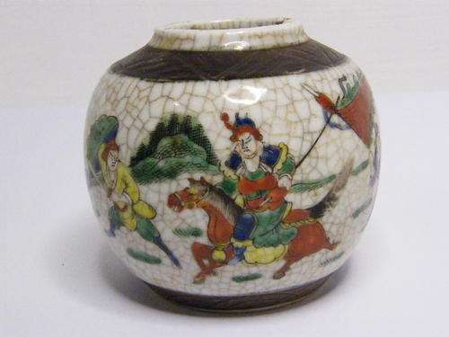 Antique Chinese Porcelain Famille Verte Warriors Crackle Jar - Makers Mark on bottom, as per photo