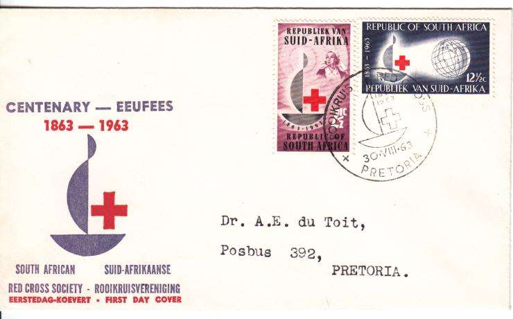 SA Red Cross Society First Day Cover 30 Aug 1963 with SACC 224 & 225 Stamps - as per scan