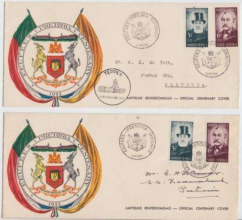 Centenary of Pretoria - 2 Official Centenary Covers ( 21 Oct 1955 ) - as per scan