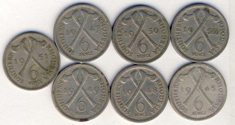 Southern Rhodesia - Lot of 7 x Sixpence Coins - as per scan