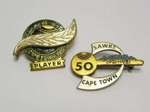 Pair of Bowling Badges - 50 years SAWBT Cape Town plus Player Badge, 1969 - as per photo