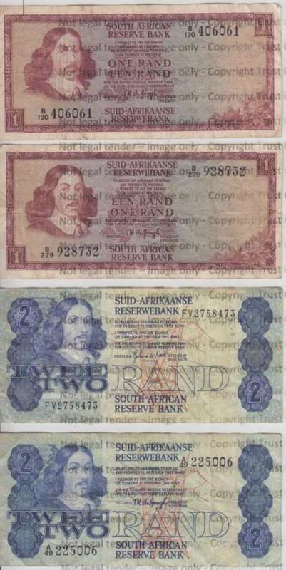 Lot of 6 Old SA Banknotes - R1, R2 & R5 - 2 of each - as per scan