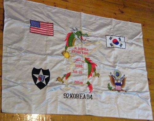 Silk Embroided Flag with America & North Korea Emblems 92-94, 135cm x 96cm