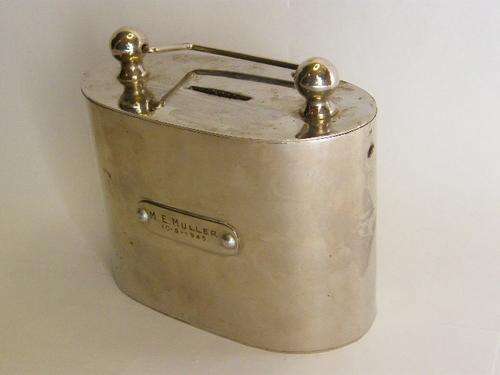 Old 1945 Money Box marked ME Muller, 10-5-1945 - as per photo