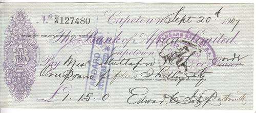Bank of Africa 1907 Cheque to Stuttafords & Co. - as per scan