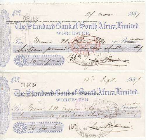 Lot of 5 Standard Bank of SA Worcester 1887 cheques - as per photo
