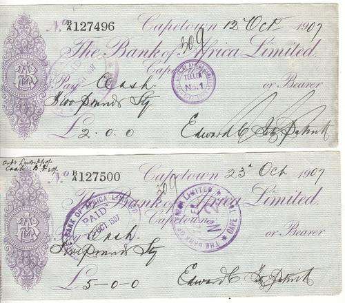Lot of 25 Bank of Africa Cheques - all dated 1907 - as per scan