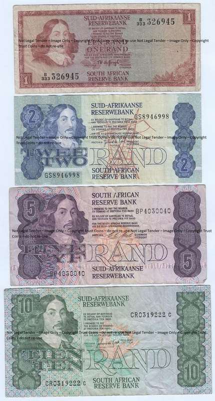 Lot of 4 old SA banknotes R1 to R10 - as per photo