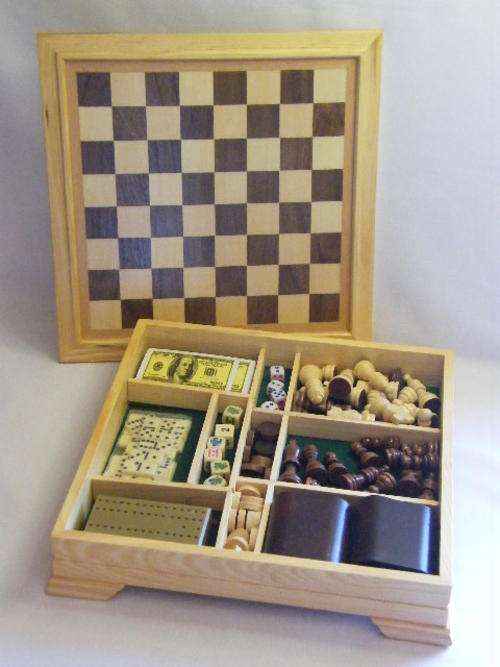 Multiple board game set - Chess, Backgammon, cards, Dominoes etc. as per photo