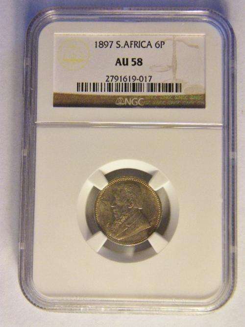 1897 Sixpence graded AU 58 by NGC - as per photo