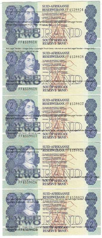 Lot of 5 GPC de Kock UNC 3rd issue R2 banknotes with consecutive numbers - as per scan