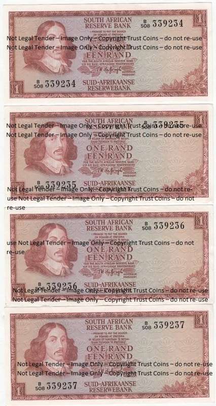 Lot of 4 TW de Jongh UNC 3rd issue R1 banknotes with consecutive numbers - as per scan
