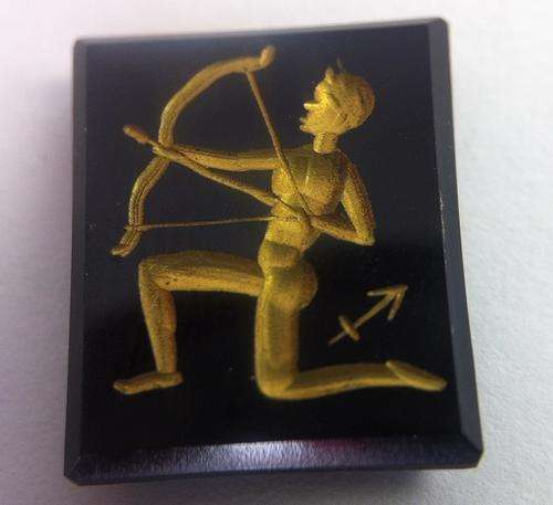 Onyx with golden star sign ( zodiac ) print / paint - 12mm x 10mm - SAGITTARIUS - as per photo