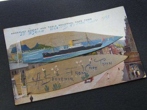 Postcard plus painting on leaf of the SS Erica arriving at Cape Town in 1929 - as per photo