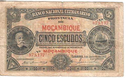 Mozambique 5 escudos banknote - 1 January 1921 issue - as per photo