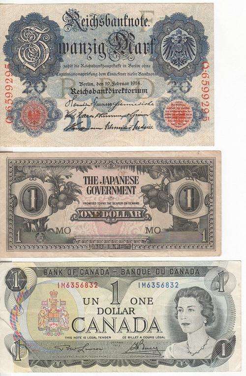 Lot of 10 old international banknotes - as per photo