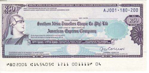 South African Rand travellers cheque with value of R50 - uncirculated - as per photo