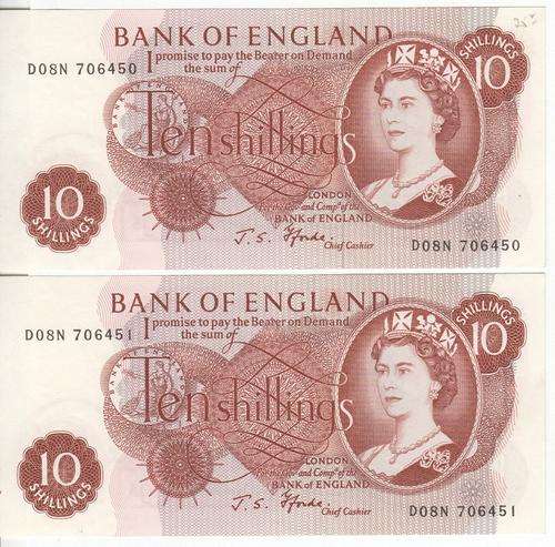 Lot of 2 consecutive Bank of England ten shillings uncirculated banknotes - JS Fforde signature