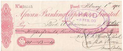 African Banking Corp cheque to Reverend A Moorrees - 1st February 1900 - This was his pay cheque