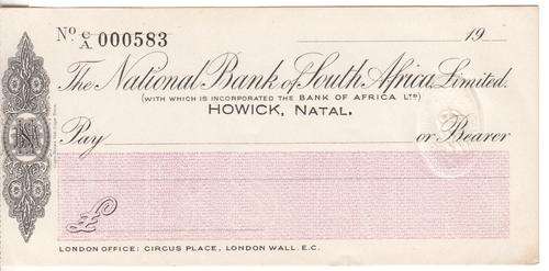 National bank of South Africa Howick - unused cheque - as per scan