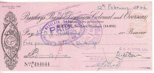 1946 Barclays Bank Dominion Colonial & overseas cheque - as per scan