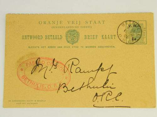 18 Feb 1901 Free State Bethulie postcard printed with VRI overprint under British occupation SCARCE