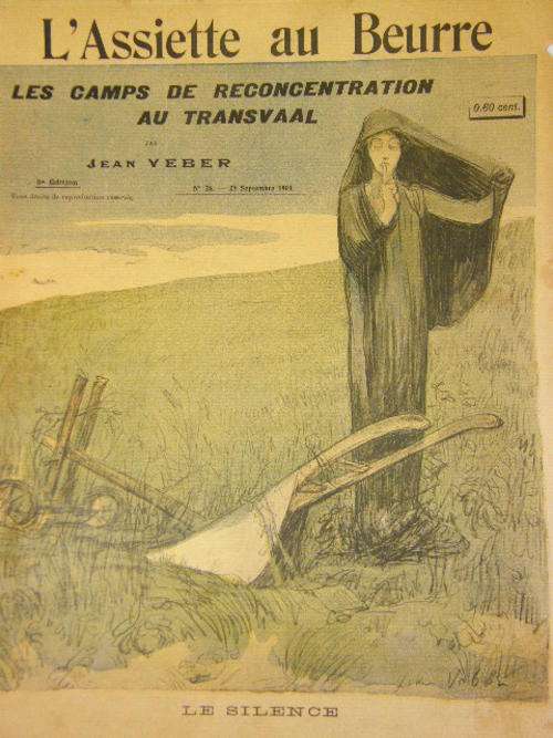 1901 Cover of L'Assiette au Beurre showing silence about concentration camps & Kruger