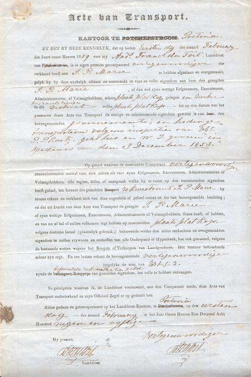 Transport Deed for the farm Platkop, Pretoria to JP Maree on 1 February 1859 - as per photo