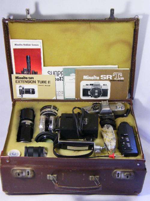Minolta SRT101 body with F1:2 lens plus doubler, extension & 200mm lens - as per photo