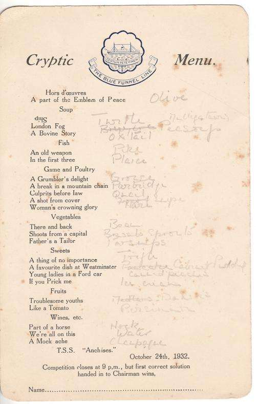Blue Funnel Line cryptic menu - 1932 - some foxing - as per photo