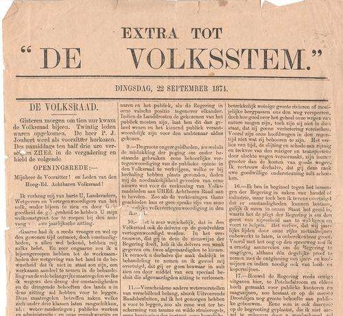 Ephemera - Extra tot `De Volksstem` Dinsdag 22 September 1874 - summary of decisions taken