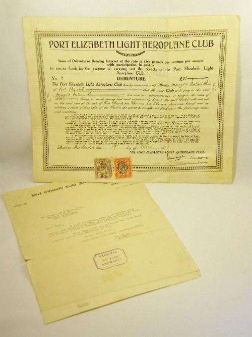 Ephemera - Port Elizabeth light aeroplane club Debenture certificate with official receipt