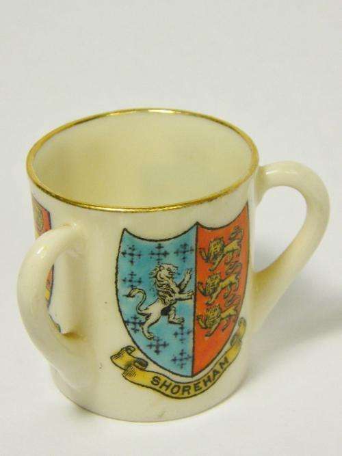 WH Goss crested china 3 handle mug - King Harold, Shoreham and Sussex- as per photo
