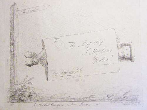 18th Century cartoon of a scotsman posted as a `Free Franked letter` - 20 Jan 1784 comic print