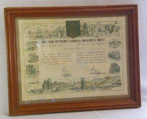 The 1820 Settlers National Monument trust certificate issued to Edith Mary Coleman - as per photo